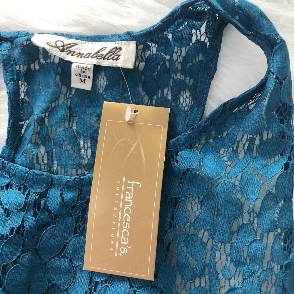 NWT Rafaella Top Womens Medium Sheer Lace Mesh Blue Floral Beach Boho Blouse… - Picture 8 of 12